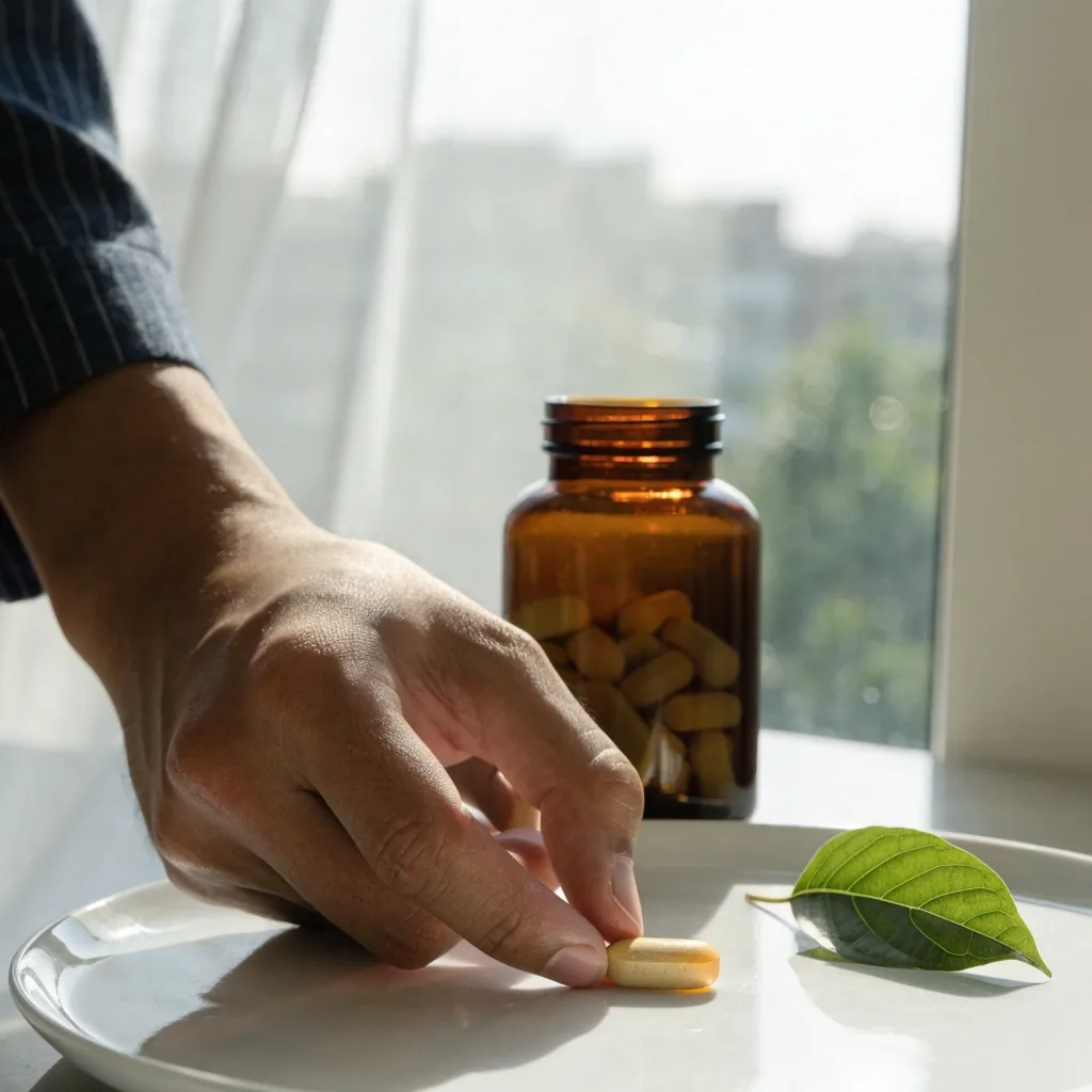 A plain unlabelled bottle beside a pile of oval tablets and a single green leaf on white paper
