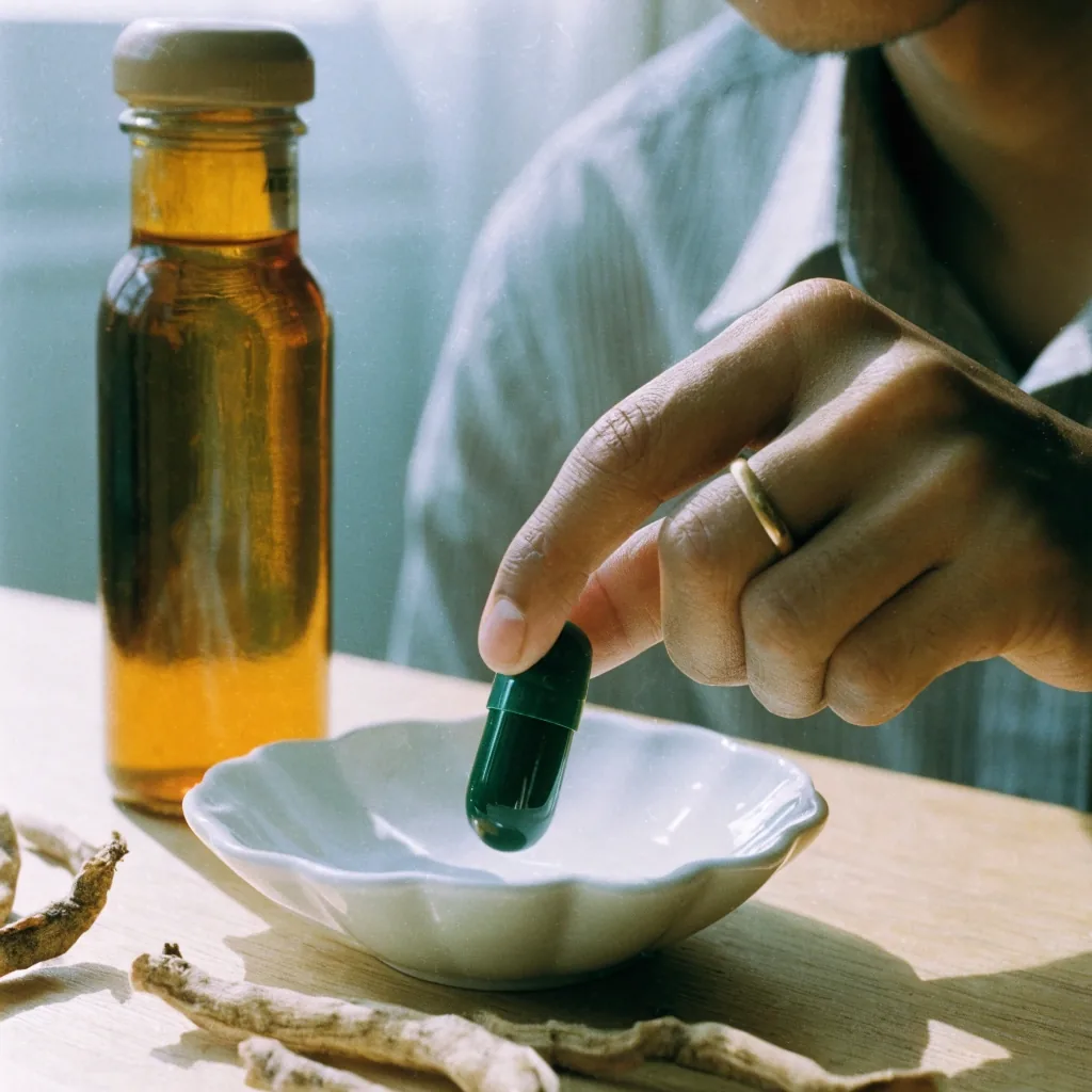 Dark green botanical capsules spilling from a plain amber container onto white paper