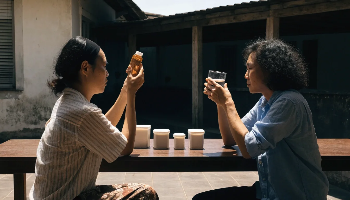 Two writers at a wooden table inspecting unlabelled supplement containers in daylight