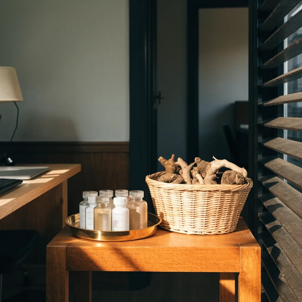 A work counter with a blank mounting sheet, tweezers and unlabelled bottles in daylight