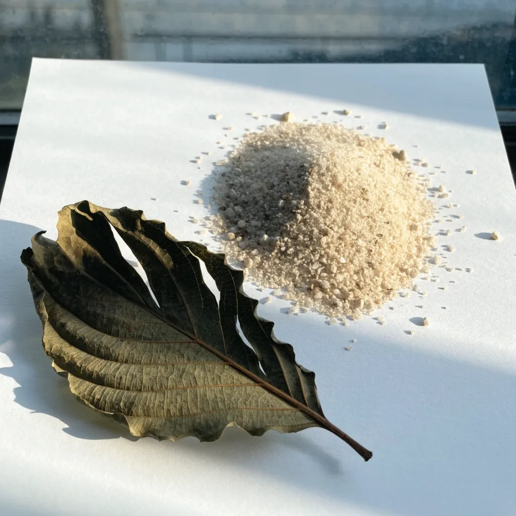 Dried botanical leaf and mineral granules on a blank white mounting sheet in soft window light