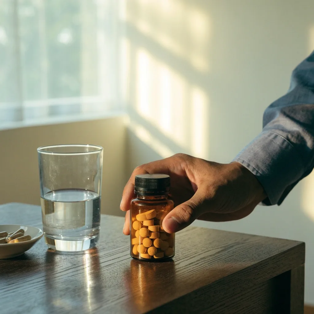 A plain supplement bottle on a bathroom shelf in early morning daylight beside a glass of water