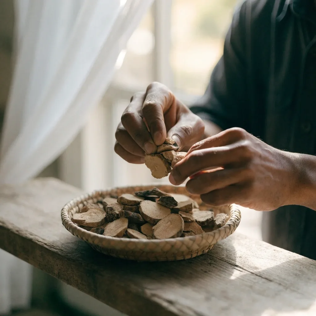Dried maca root pieces on white paper in daylight