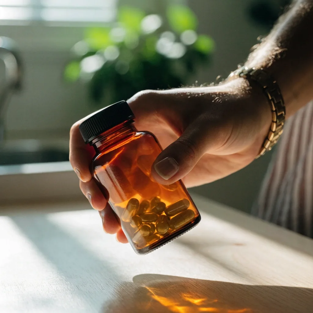 Whole-food-style multivitamin caplet resting on textured paper under window light