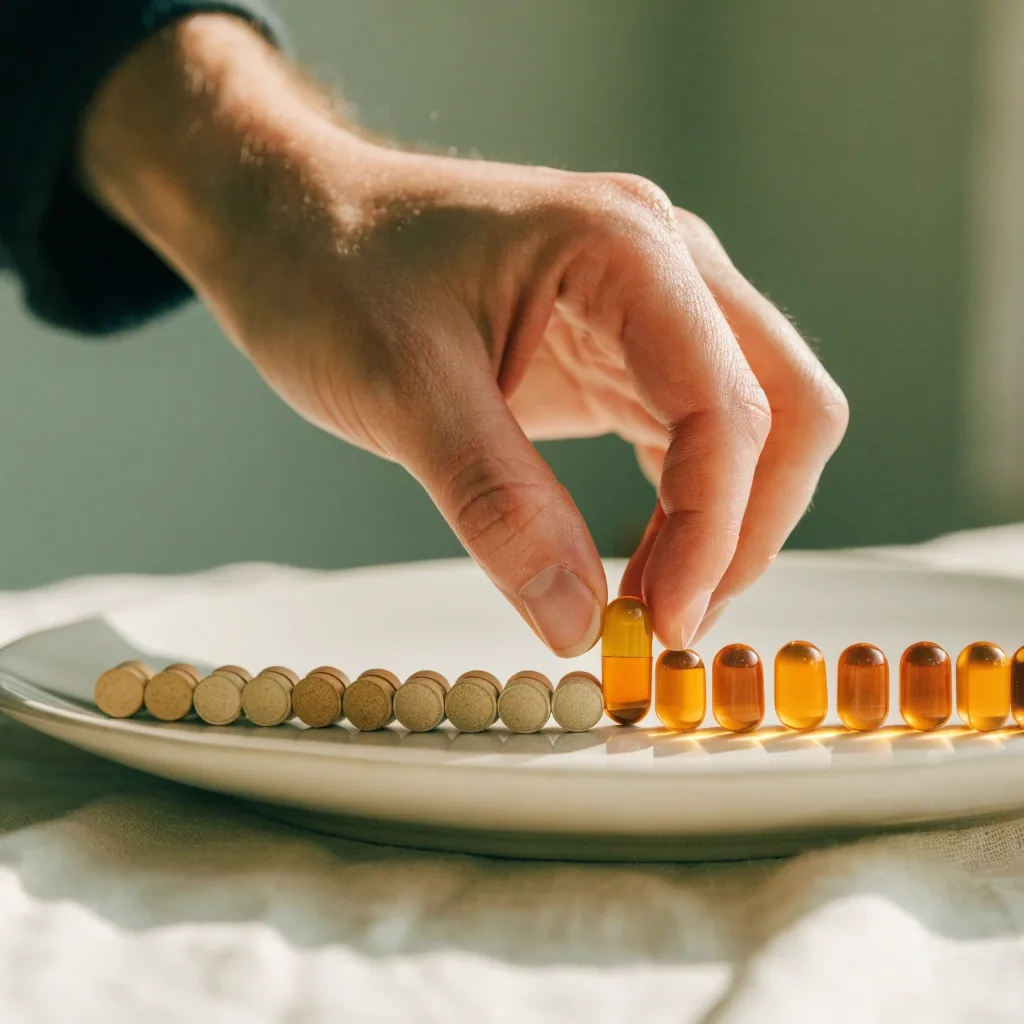 Multivitamin tablets and clear capsules arranged in rows on white paper