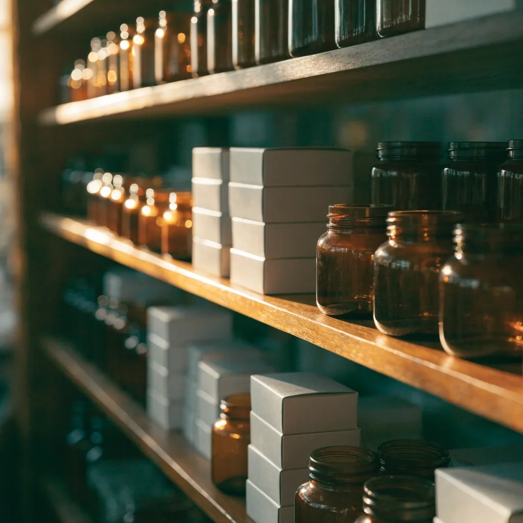 Warm-lit apothecary shelves holding plain unlabeled jars and boxes