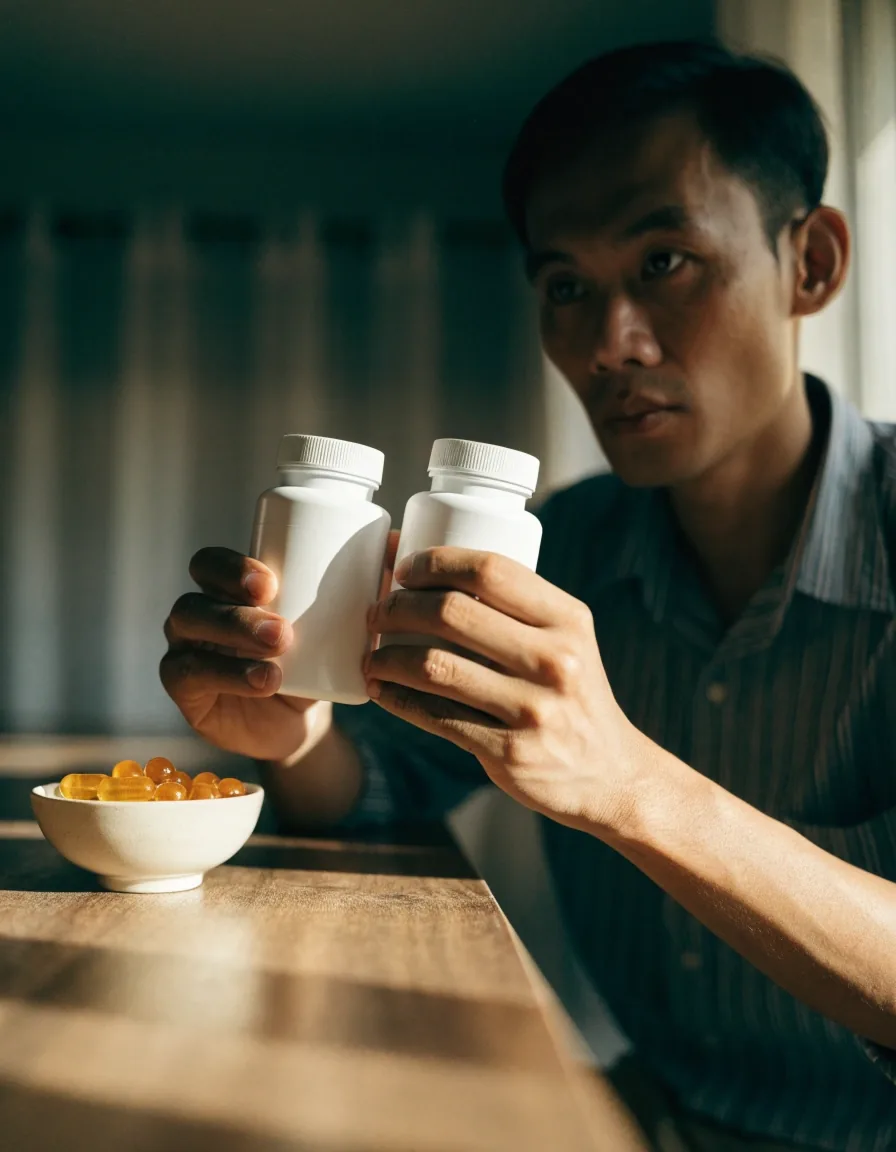Hands turning two plain unlabeled supplement bottles on a counter in daylight