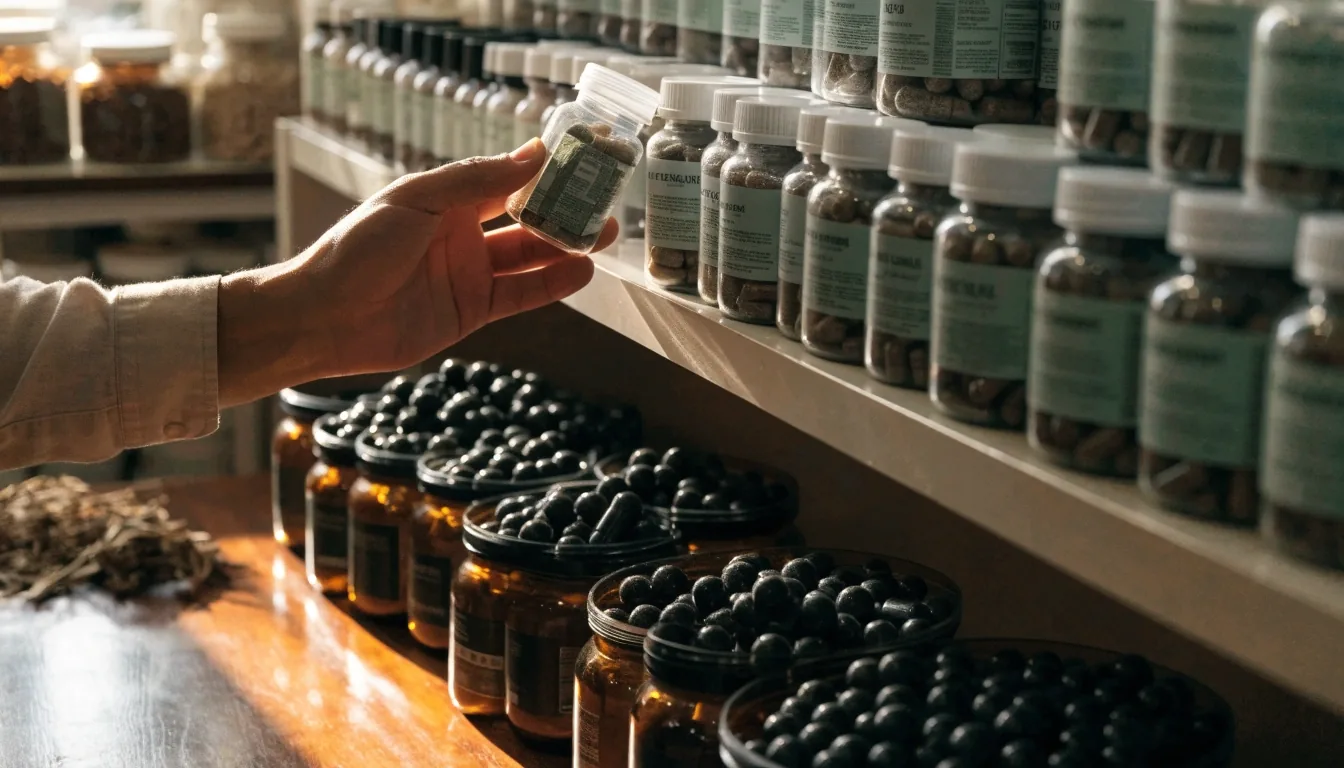 Botanical capsules and dried herbal pieces resting on a blank white mounting sheet in daylight