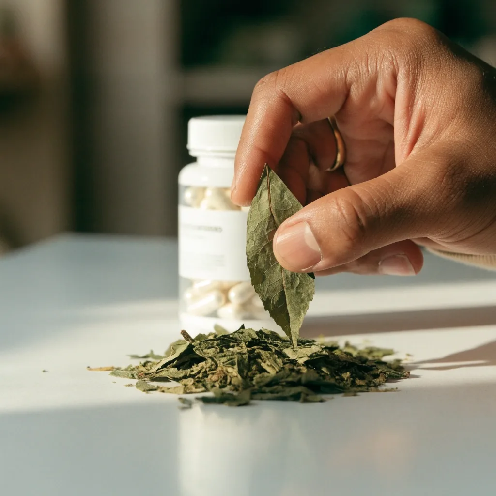 Dried green herbal plant pieces on a white counter beside an unlabeled bottle