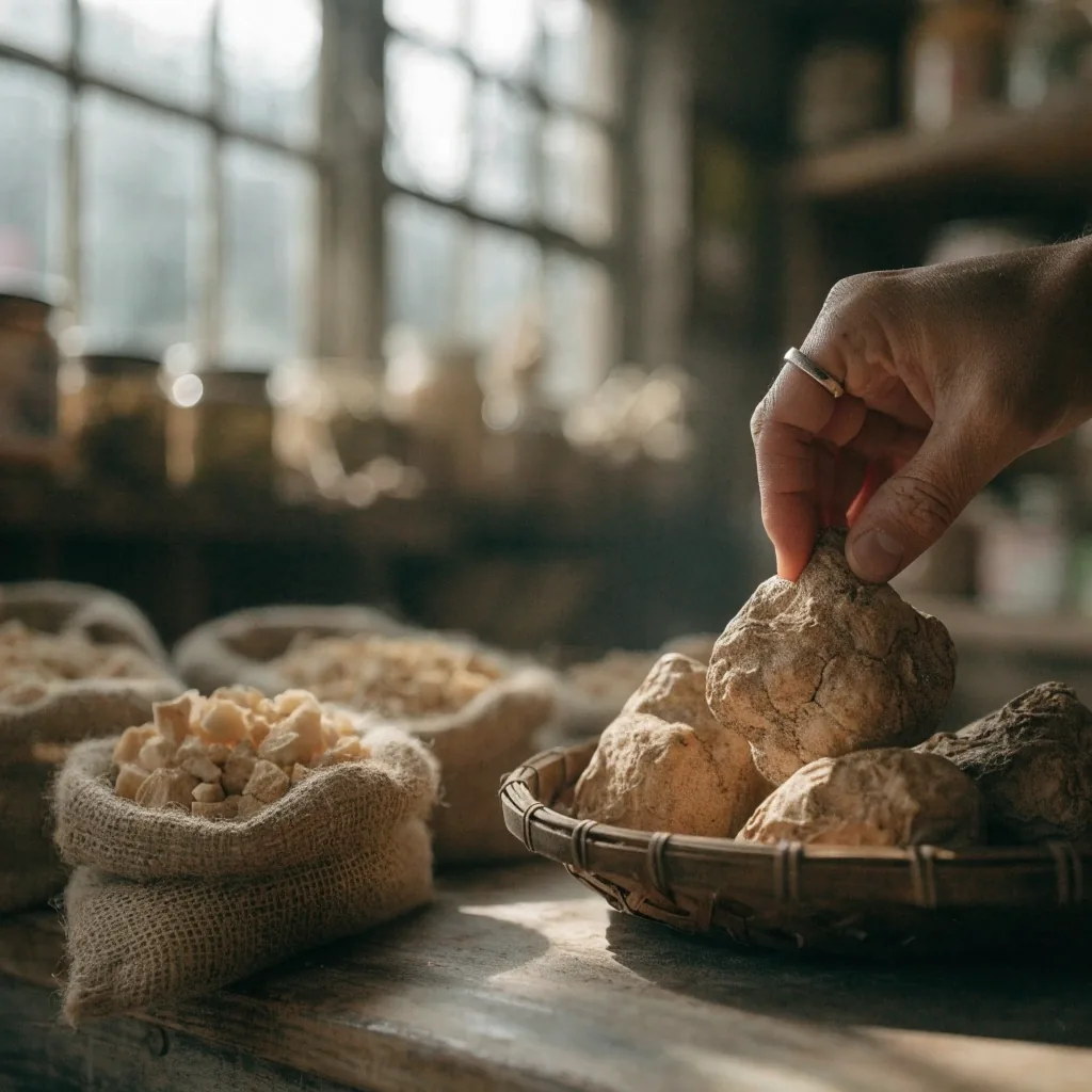 Pale maca root chunks in a shallow white dish under soft daylight